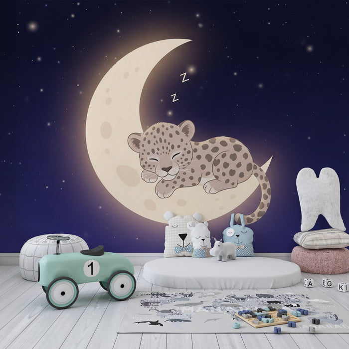 Papel pintado infantil | Pequeño leopardo dormido en la luna