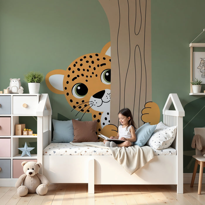 Papel de parede quarto bebê | Pequena leopardo travesso na selva