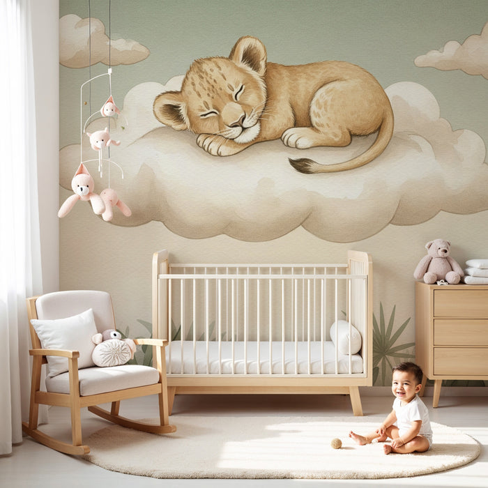 Nursery room wallpaper | Little sleeping lion on a cloud
