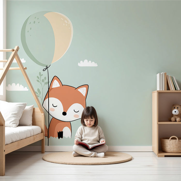Babykamer behang | Kleine vos en gekleurde ballon