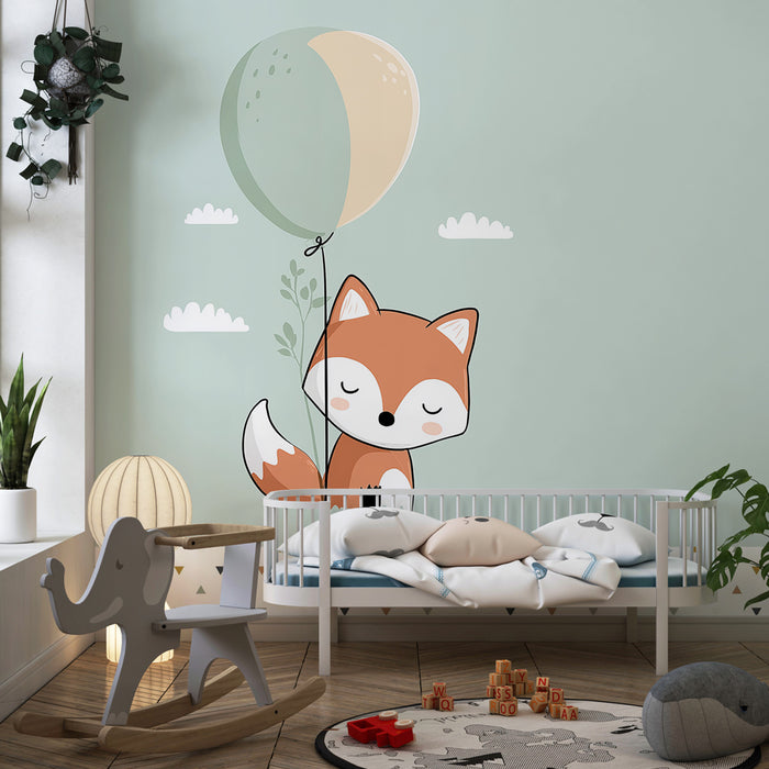 Babykamer behang | Kleine vos en gekleurde ballon