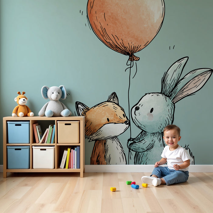 Tapeta pro dětský pokoj | Malá liška a králík s balónem