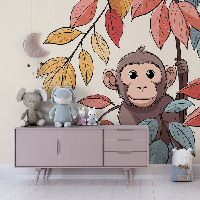 Papel de parede quarto bebê | Pequeno macaco curioso entre as folhas