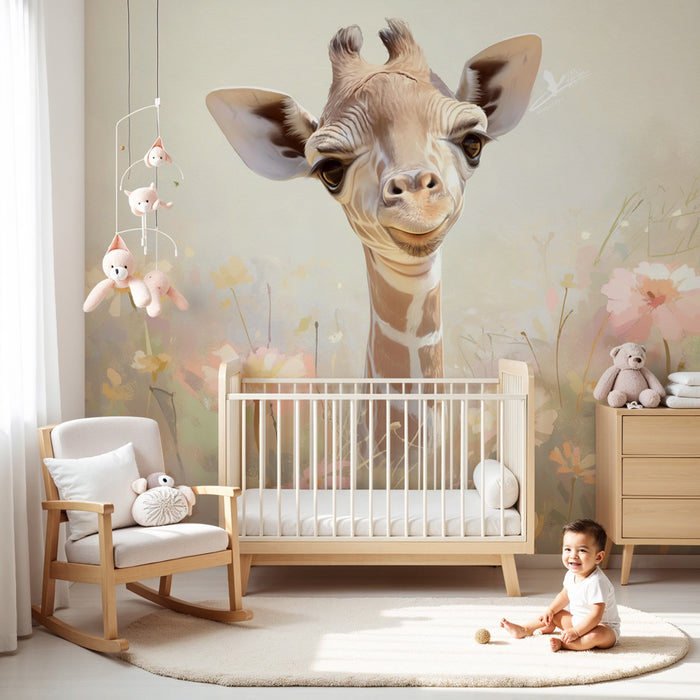 Papel de parede quarto bebê | Pequena girafa no meio das flores