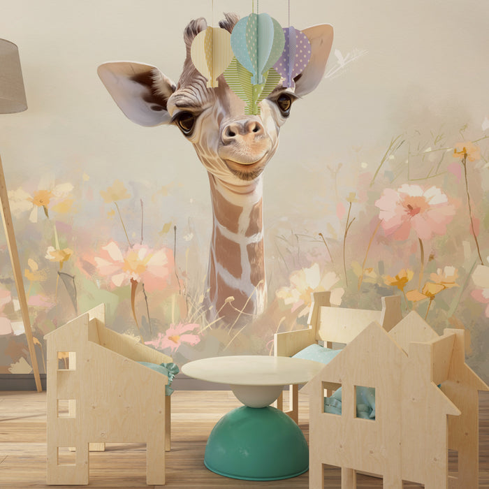Papel de parede quarto bebê | Pequena girafa no meio das flores