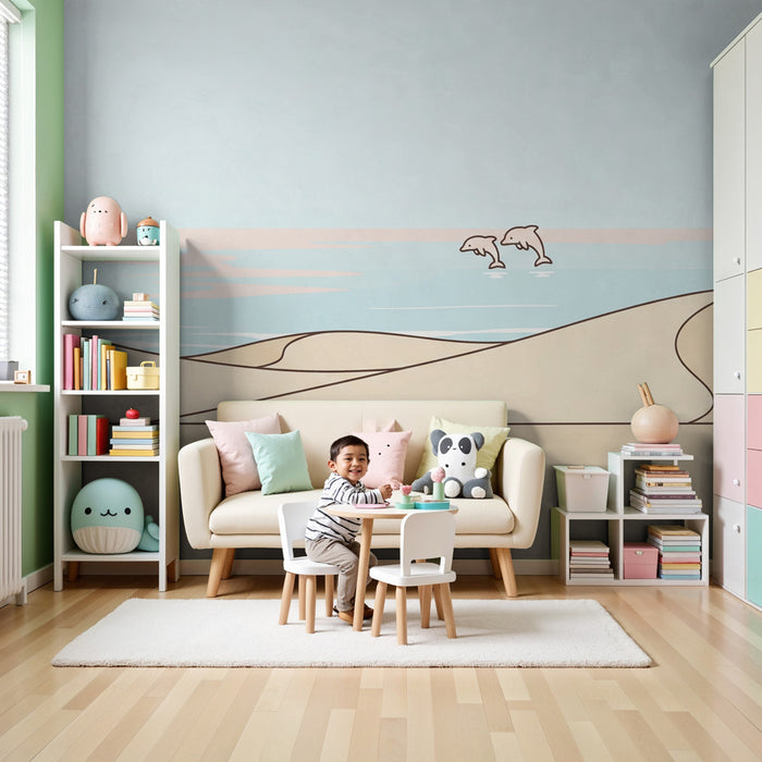Papier peint chambre bébé | Plage et dauphins dans les dunes
