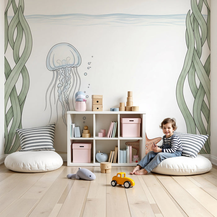 Papier peint chambre bébé | Plongée sous-marine avec méduses et étoiles de mer