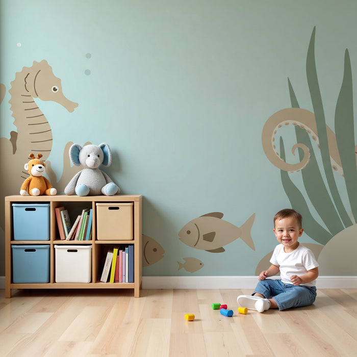 Papier peint chambre bébé | Plongée sous-marine joyeuse avec hippocampe et pieuvre