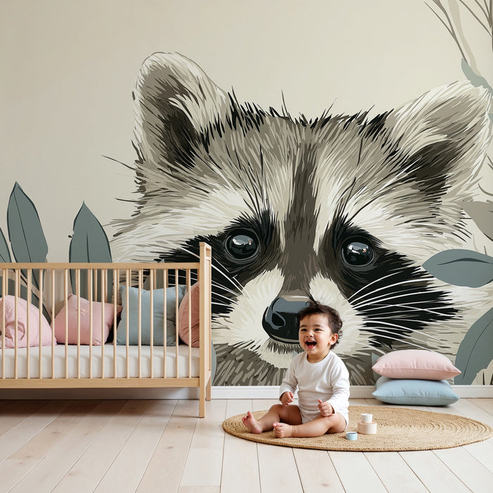 Papel de parede quarto bebê | Guaxinim curioso entre as folhas