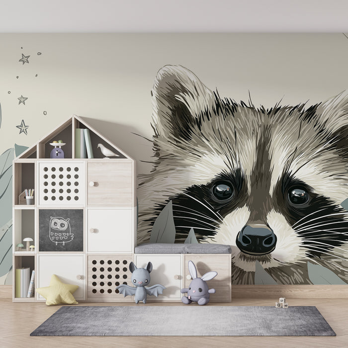Papier peint chambre bébé | Raton laveur curieux parmi les feuilles