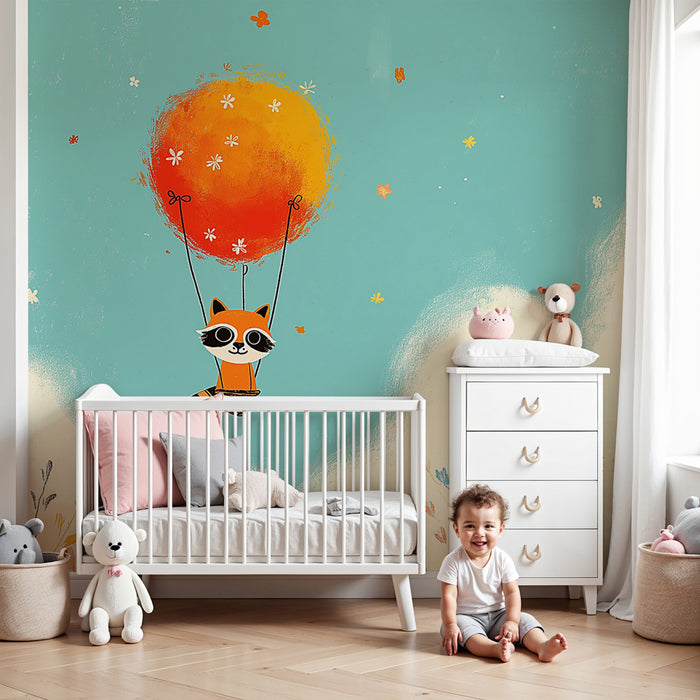 Nursery room wallpaper | Flying raccoon with a colorful balloon
