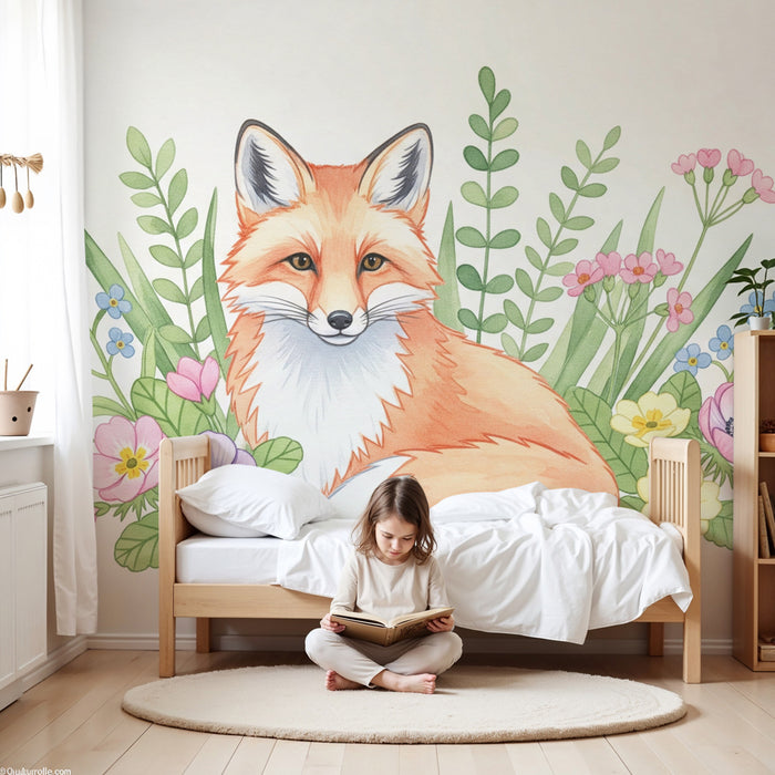 Barntapet | Charmig räv och färgglada blommor