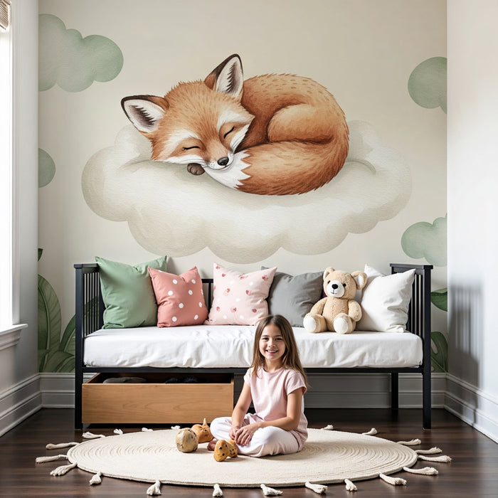 Papier peint chambre bébé | Renard endormi sur un nuage