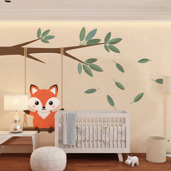 Papel pintado infantil | Zorro jugando en un columpio
