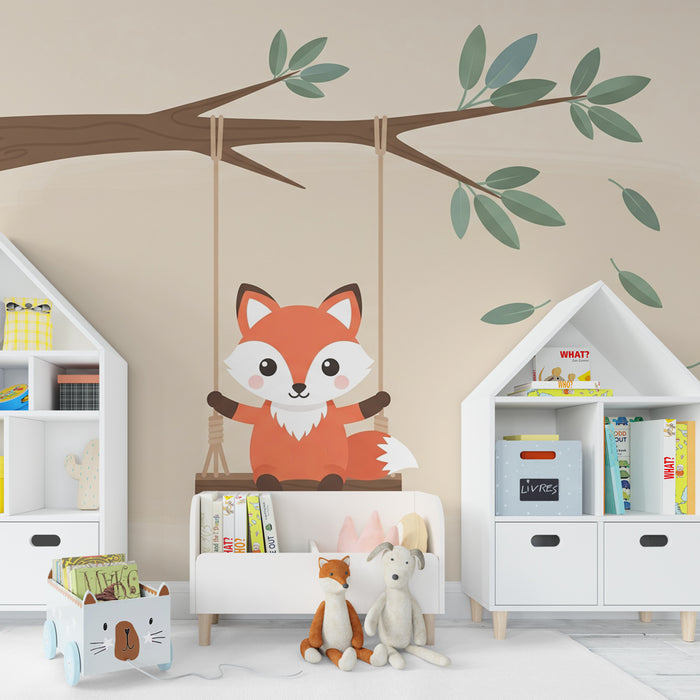 Papel pintado infantil | Zorro jugando en un columpio