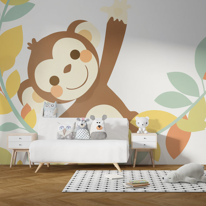 Papel de parede quarto bebê | Macaco travesso e folhas coloridas