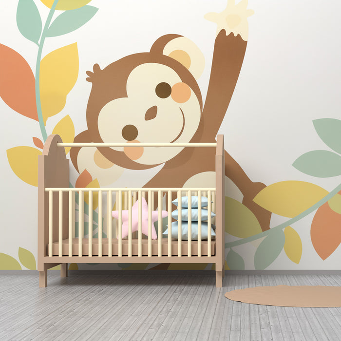 Papel de parede quarto bebê | Macaco travesso e folhas coloridas