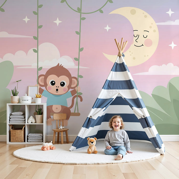 Papier peint chambre bébé | Singe joyeux sur une balançoire sous la lune