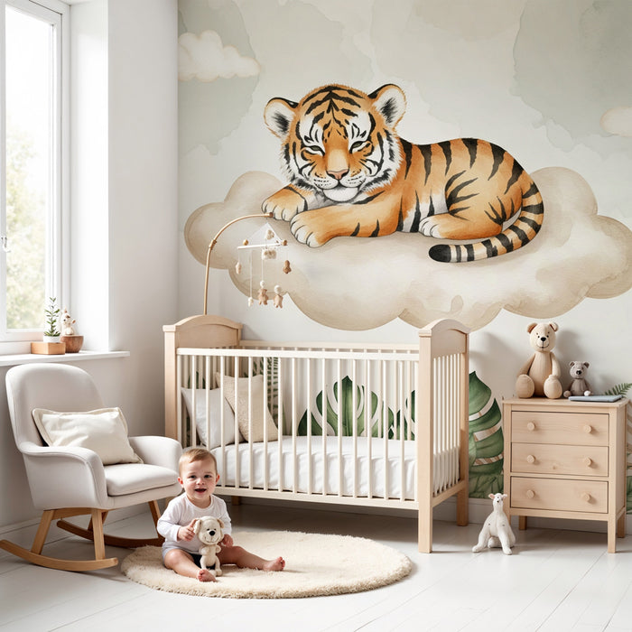 Papier peint chambre bébé | Tigre endormi sur un nuage