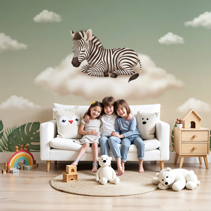 Nursery room wallpaper | Zebra on a cloud and tropical jungle