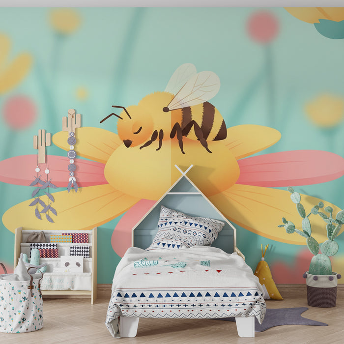 Papier peint chambre enfant | Abeille joyeuse sur une fleur colorée