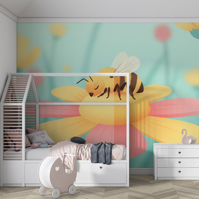 Papier peint chambre enfant | Abeille joyeuse sur une fleur colorée