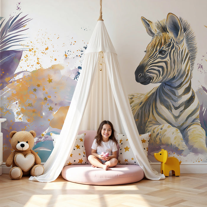 Kinderkamer behang | Schattige zebra en kleurrijke jungle