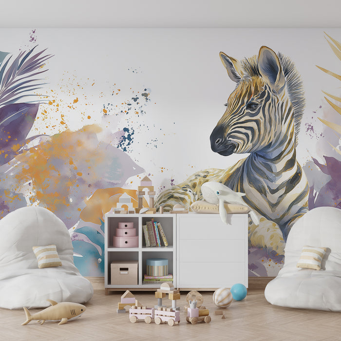 Kinderzimmer Tapete | Niedliches Zebra und bunte Dschungel