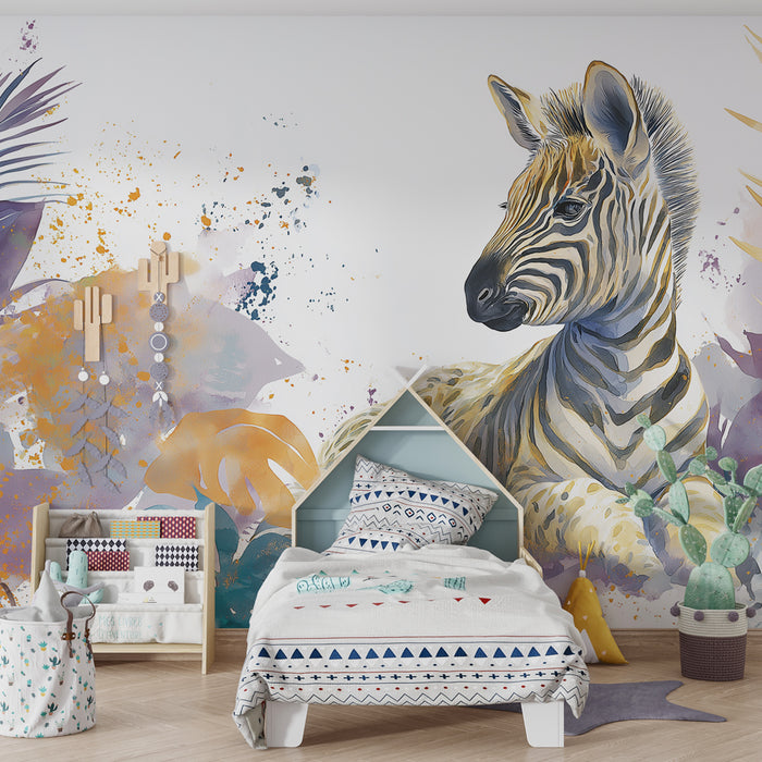 Kinderzimmer Tapete | Niedliches Zebra und bunte Dschungel