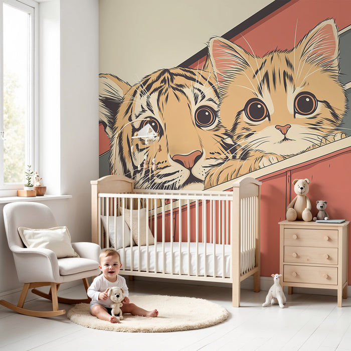Papel pintado infantil | Amigos felinos tigre y gatito en el tren