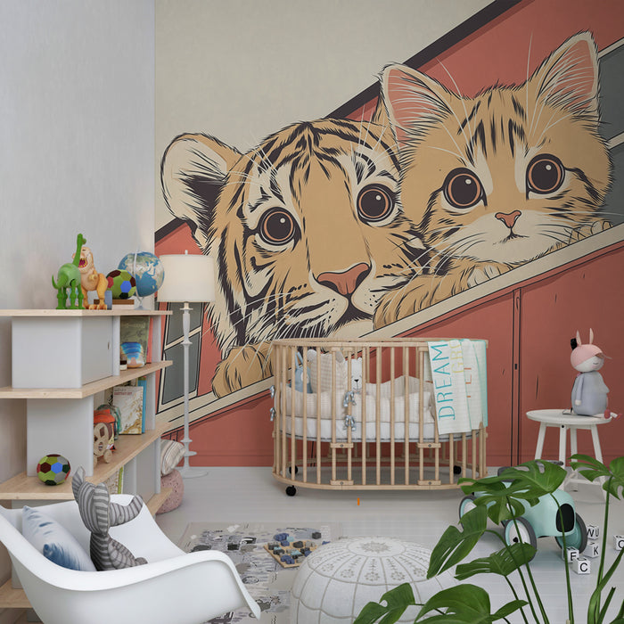 Papel de parede criança | Tigre e gatinho amigos no trem