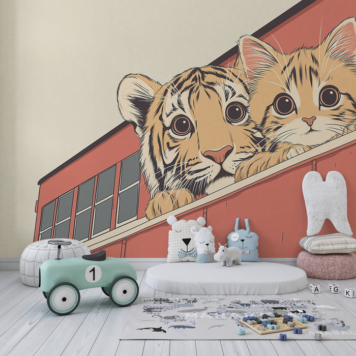 Papel de parede criança | Tigre e gatinho amigos no trem