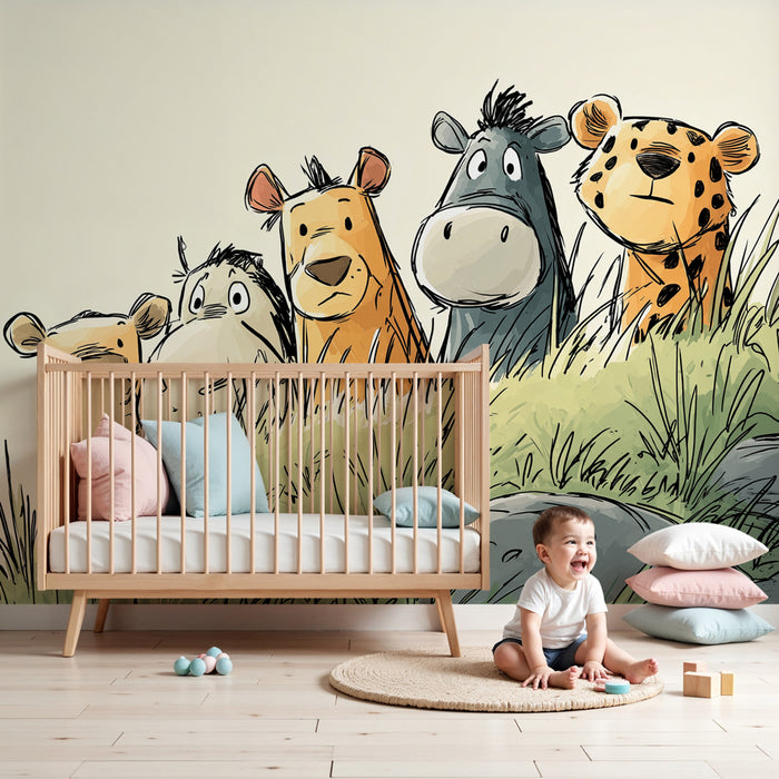 Carta da parati bambini | Divertenti personaggi animali in erba