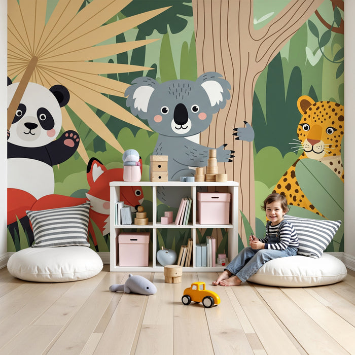 Papier peint chambre enfant | Animaux colorés dans la jungle