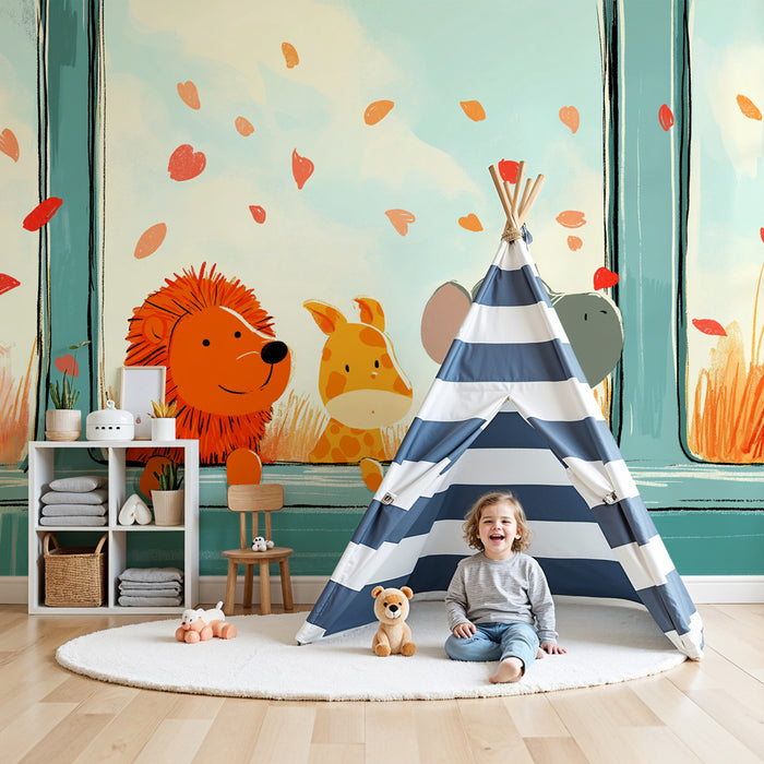Papel pintado infantil | Animales curiosos en la ventana