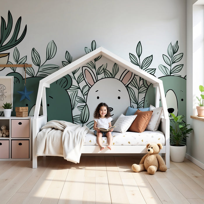 Papel pintado infantil | Animales del bosque coloridos y bonitas hojas