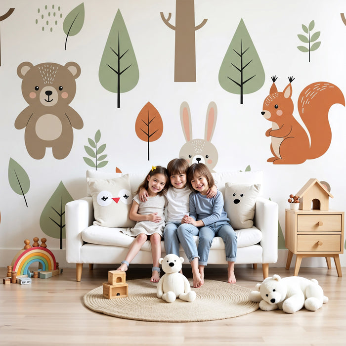 Papier peint chambre enfant | Animaux de la forêt en douceur et vert sauge