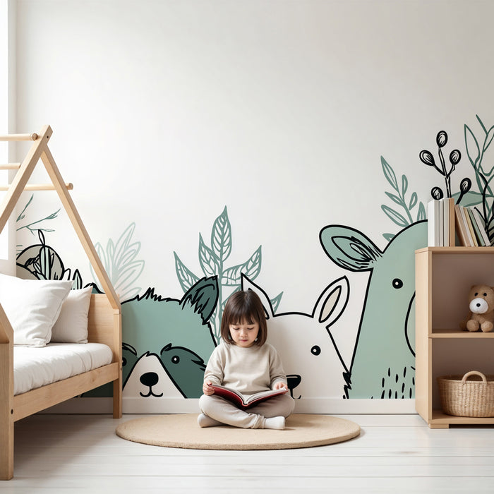 Papel pintado infantil | Animales del bosque en verde y natural