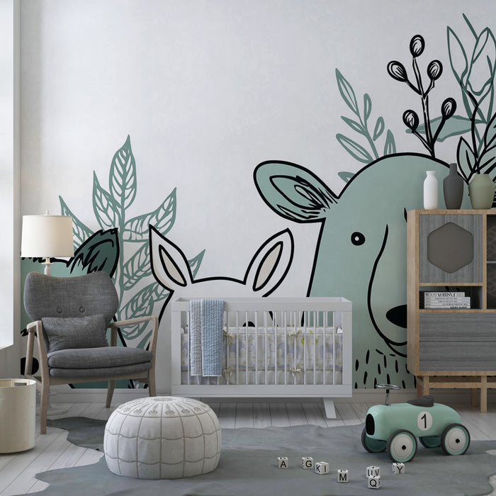 Kids room wallpaper | Forest animals in green and natural