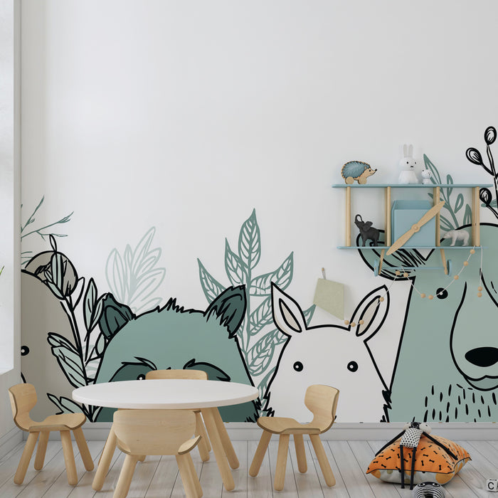 Kids room wallpaper | Forest animals in green and natural