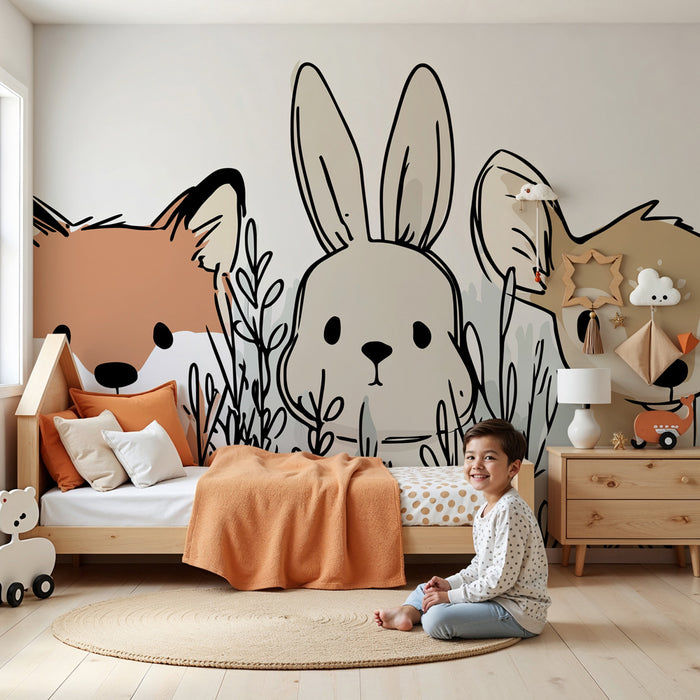 Papel pintado infantil | Animales del bosque y hojas suaves