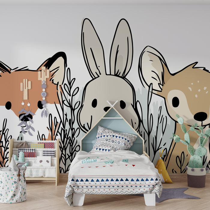 Papel pintado infantil | Animales del bosque y hojas suaves