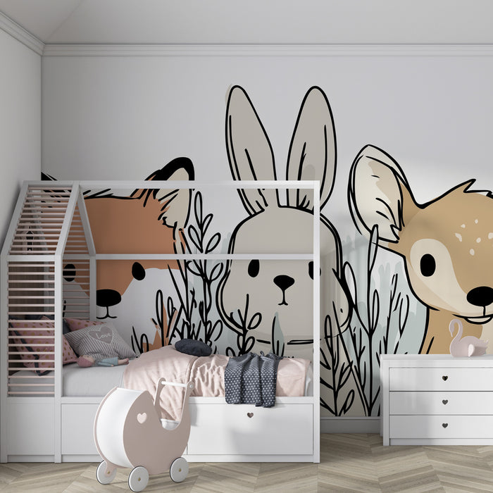 Papel pintado infantil | Animales del bosque y hojas suaves