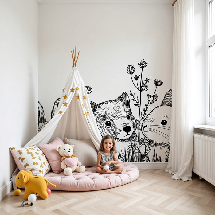 Papel pintado infantil | Lindos animales del bosque en blanco y negro