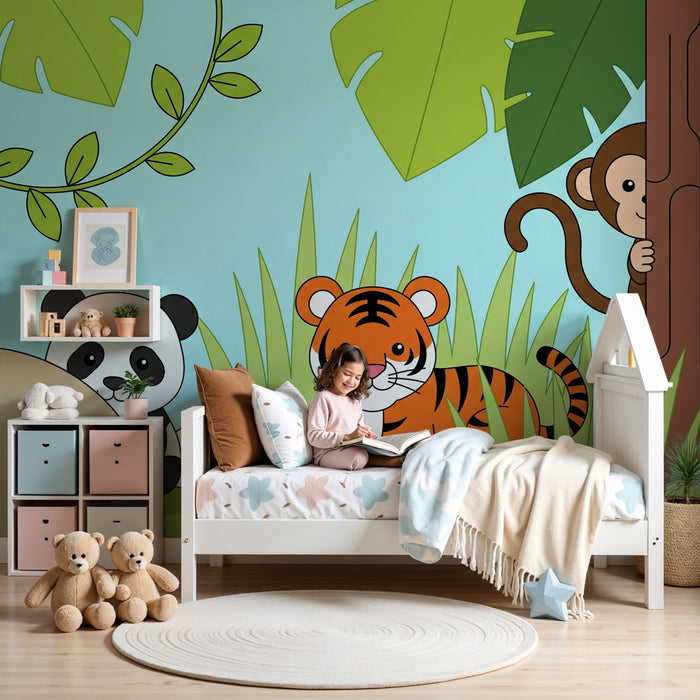 Papier peint chambre enfant | Animaux de la jungle amusants et colorés