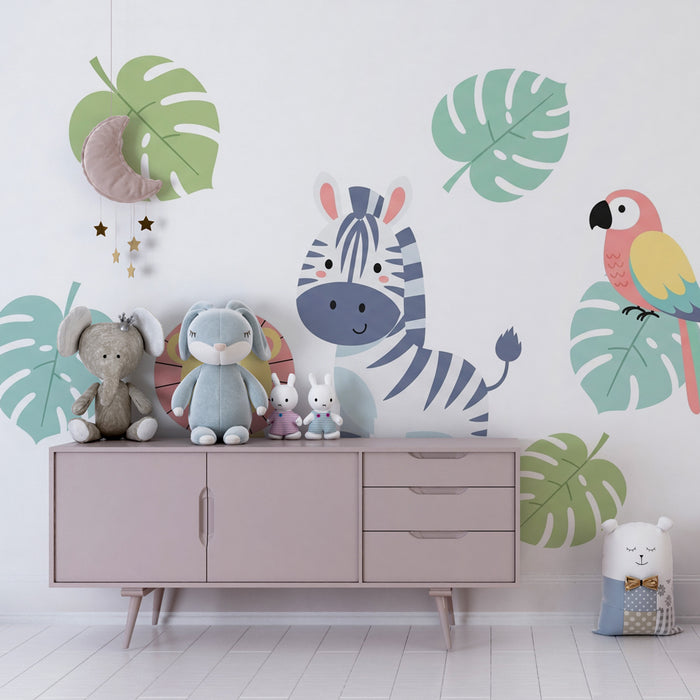 Kinderkamer behang | Leuke jungle dieren en tropische bladeren
