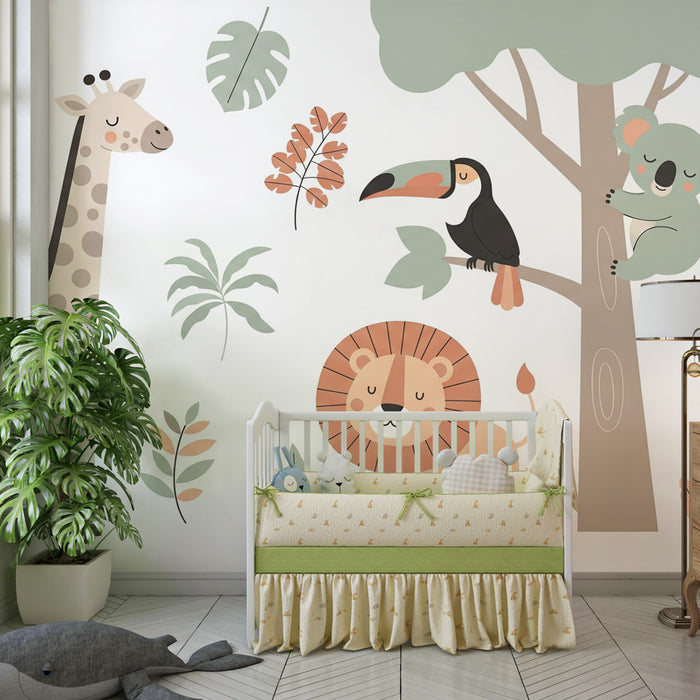 Kids room wallpaper | Õrnades värvitoonides džungli loomad