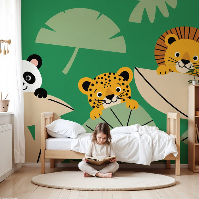 Carta da parati bambini | Animali della giungla nascosti tra le foglie