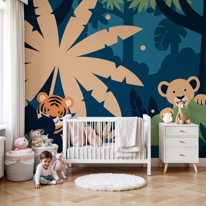Papier peint chambre enfant | Animaux de la jungle en couleurs vives