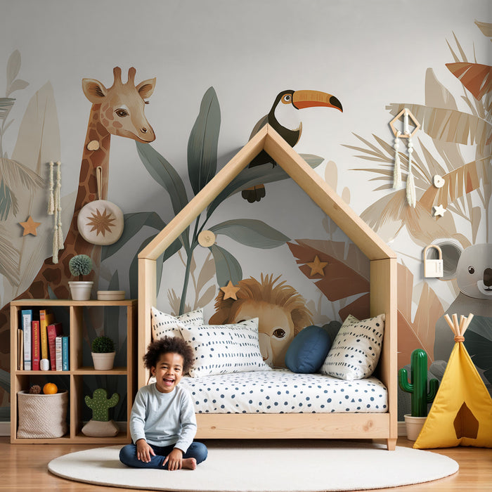 Papier peint chambre enfant | Animaux de la jungle en douceur